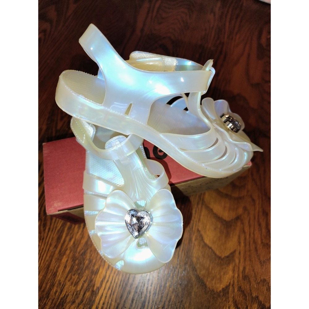 HaHaGuu Girls White Jelly Sandals Open Toe Buckle Bow Rhinestone Size 9.5